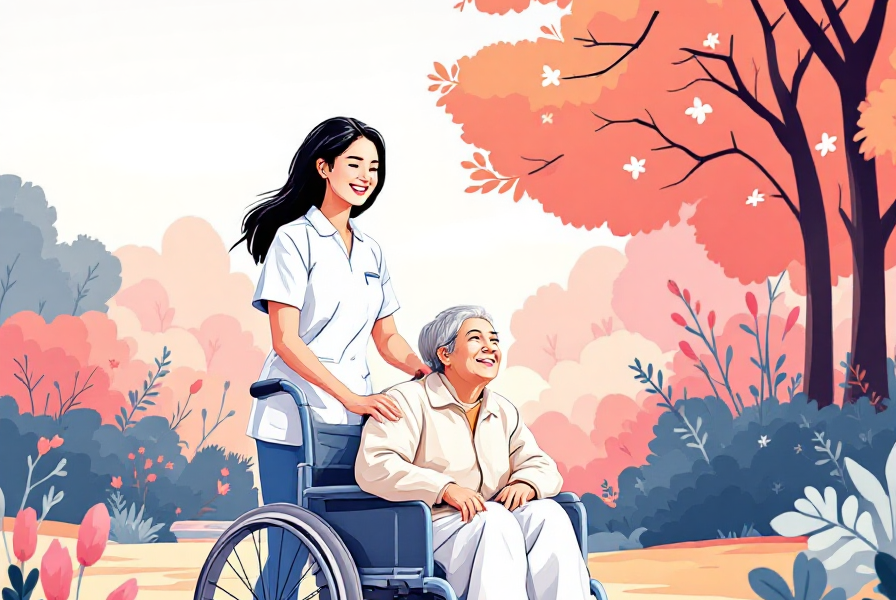 Caregiver walking with client in wheelchair